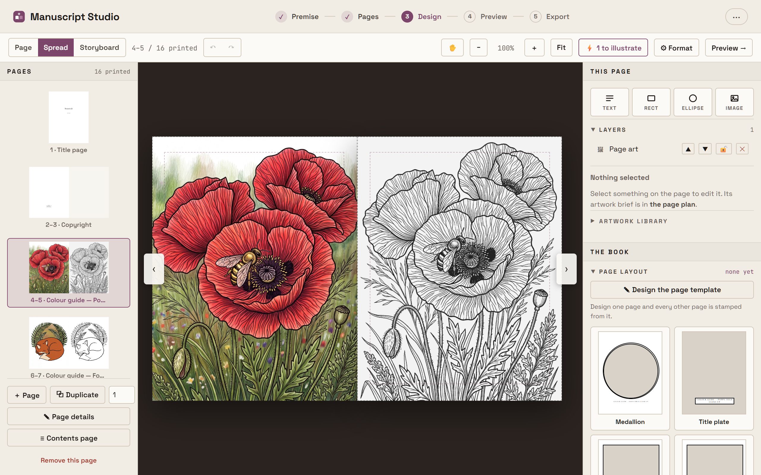 Manuscript Studio's layout editor on a coloring book, open at a facing pair: on the left a fully coloured painting of poppies with a bee at the centre of the nearest flower, and on the right the same drawing as clean black line art waiting to be coloured in, each page showing its trim and safe-area guides. A filmstrip of every page runs down the left, and a right rail holds the layer list and the book's page layouts.