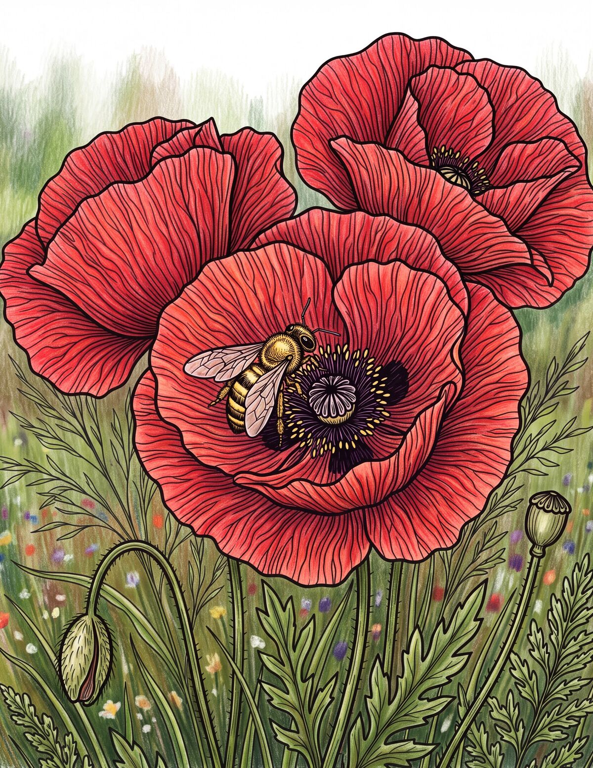 A colour guide from a coloring book: three scarlet poppies with a honeybee at the centre of one, over a meadow, with a strip of named pencil colours along the foot — scarlet red, golden bee yellow, olive green, deep purple, grass green.