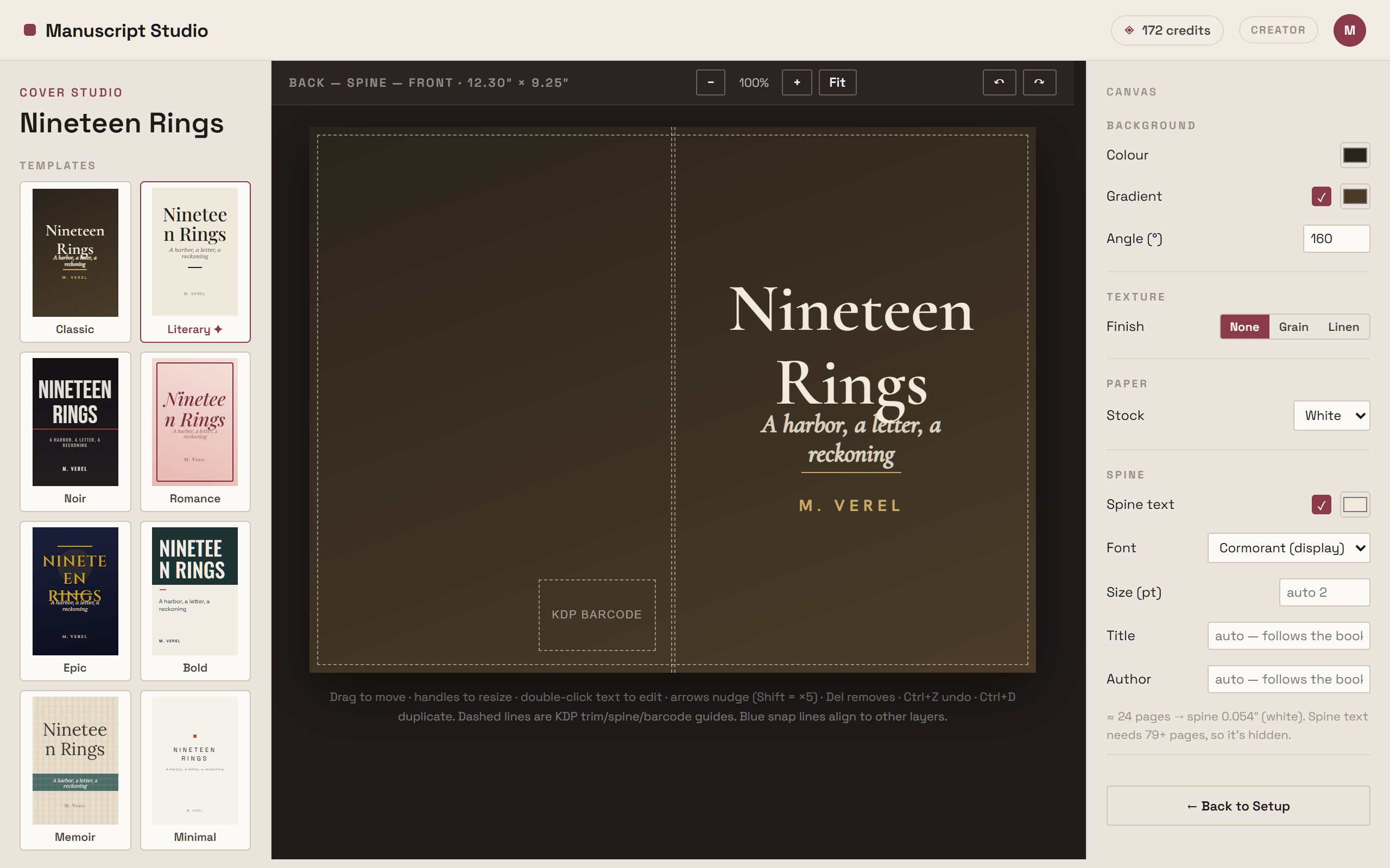 Manuscript Studio's Cover Studio: a free-form layer editor on the full wraparound print cover with back, spine and front panels, trim and barcode guides, layer list, and AI art tool.