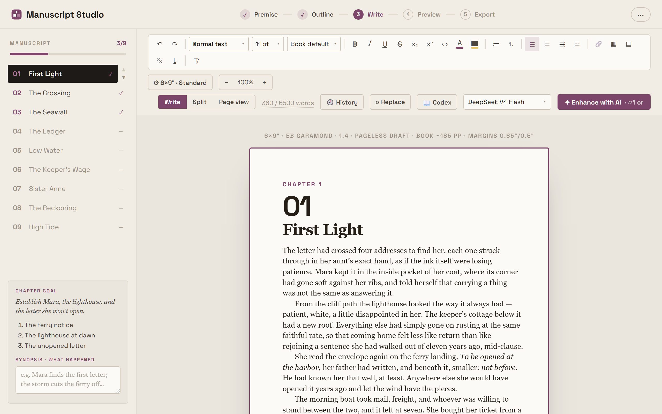 Manuscript Studio's editor: a chapter rail with per-chapter progress, a full word-processor formatting ribbon, the chapter set on a cream sheet at the book's true trim, and an Enhance with AI button showing its credit cost.