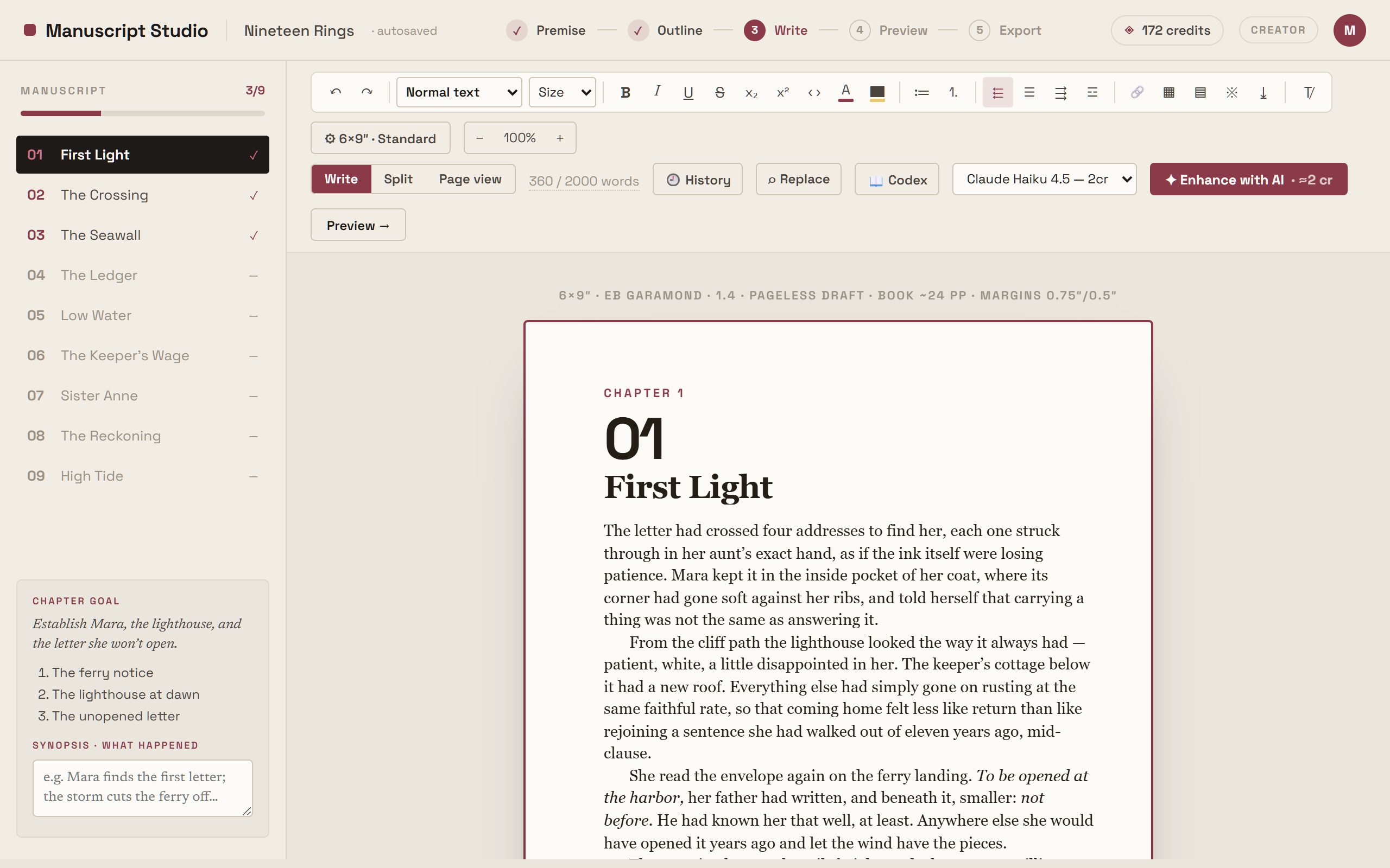 Manuscript Studio's editor: chapter rail with progress, a full word-processor formatting ribbon, the chapter on a cream book-trim sheet, and an Enhance with AI button.