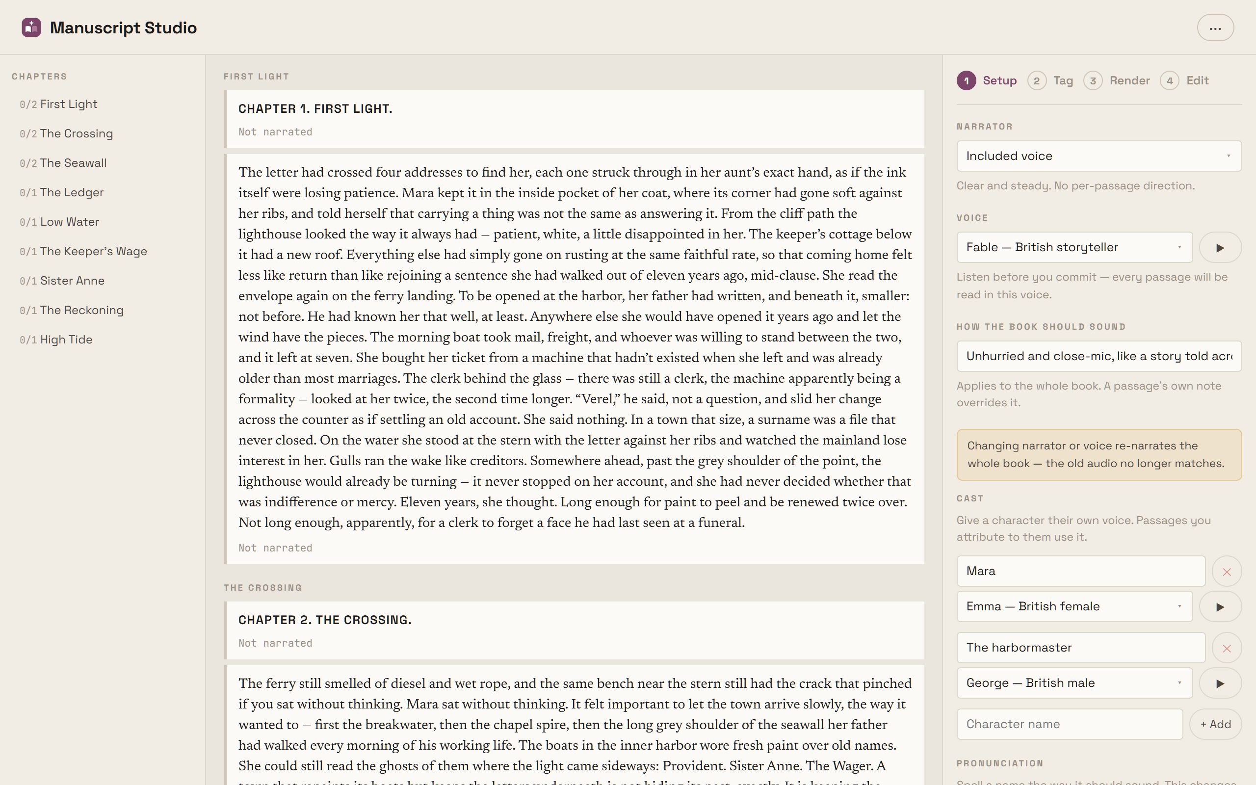 Manuscript Studio's Narration Studio: numbered Setup, Tag, Render and Edit stages, the manuscript laid out as narratable passages showing their narration state, and panels for the narrator engine, voice, per-book direction, character cast and pronunciation.