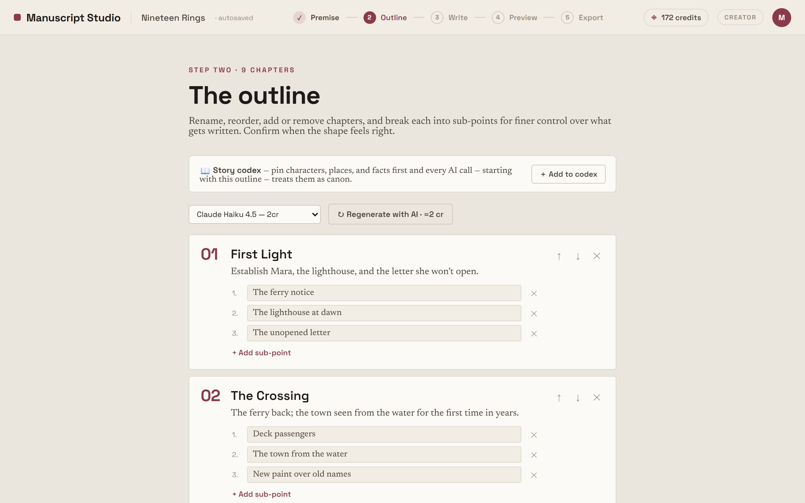 Manuscript Studio's Outline screen: numbered chapters with goals and editable sub-points, reorder and delete controls, and an AI model picker with a Regenerate button.