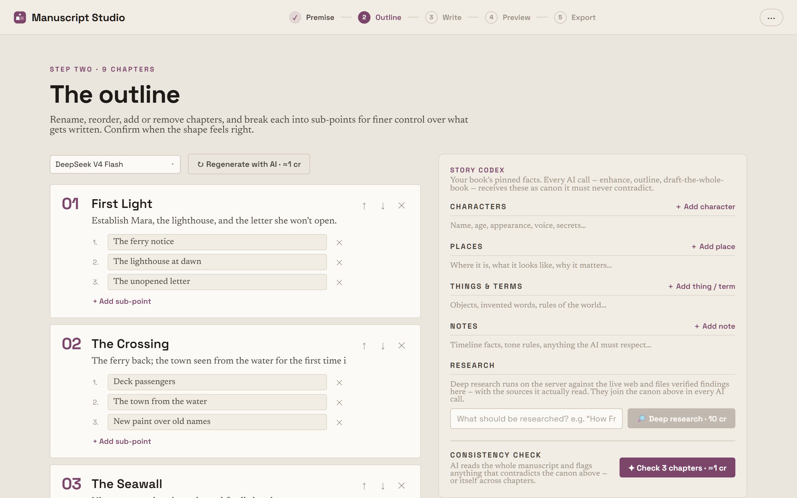 Manuscript Studio's Outline screen: numbered chapters with goals and editable sub-points, reorder and delete controls, and an AI model picker with a Regenerate button.