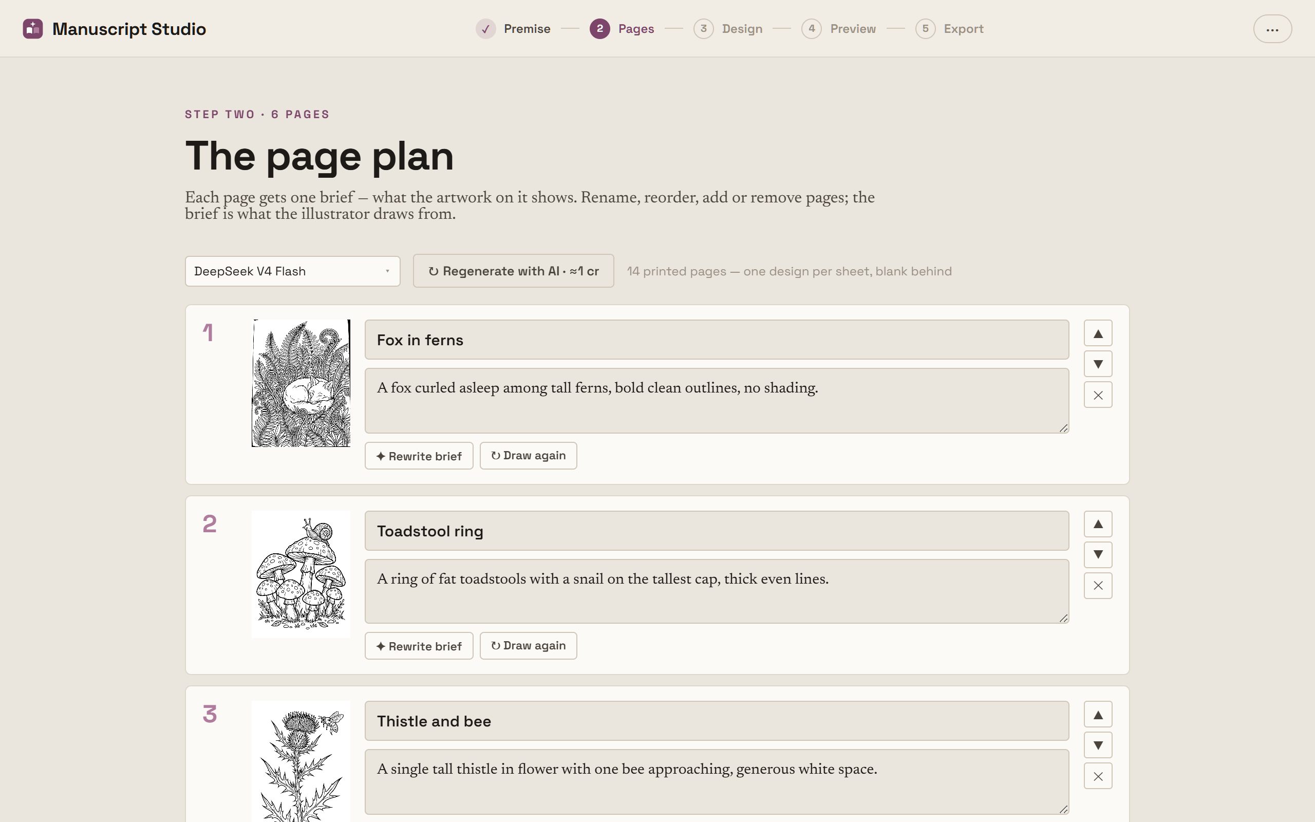 Manuscript Studio's page plan for a coloring book: each page has a name and an artwork brief, with Rewrite brief and Draw this page controls, a page preview, and reorder and remove buttons.