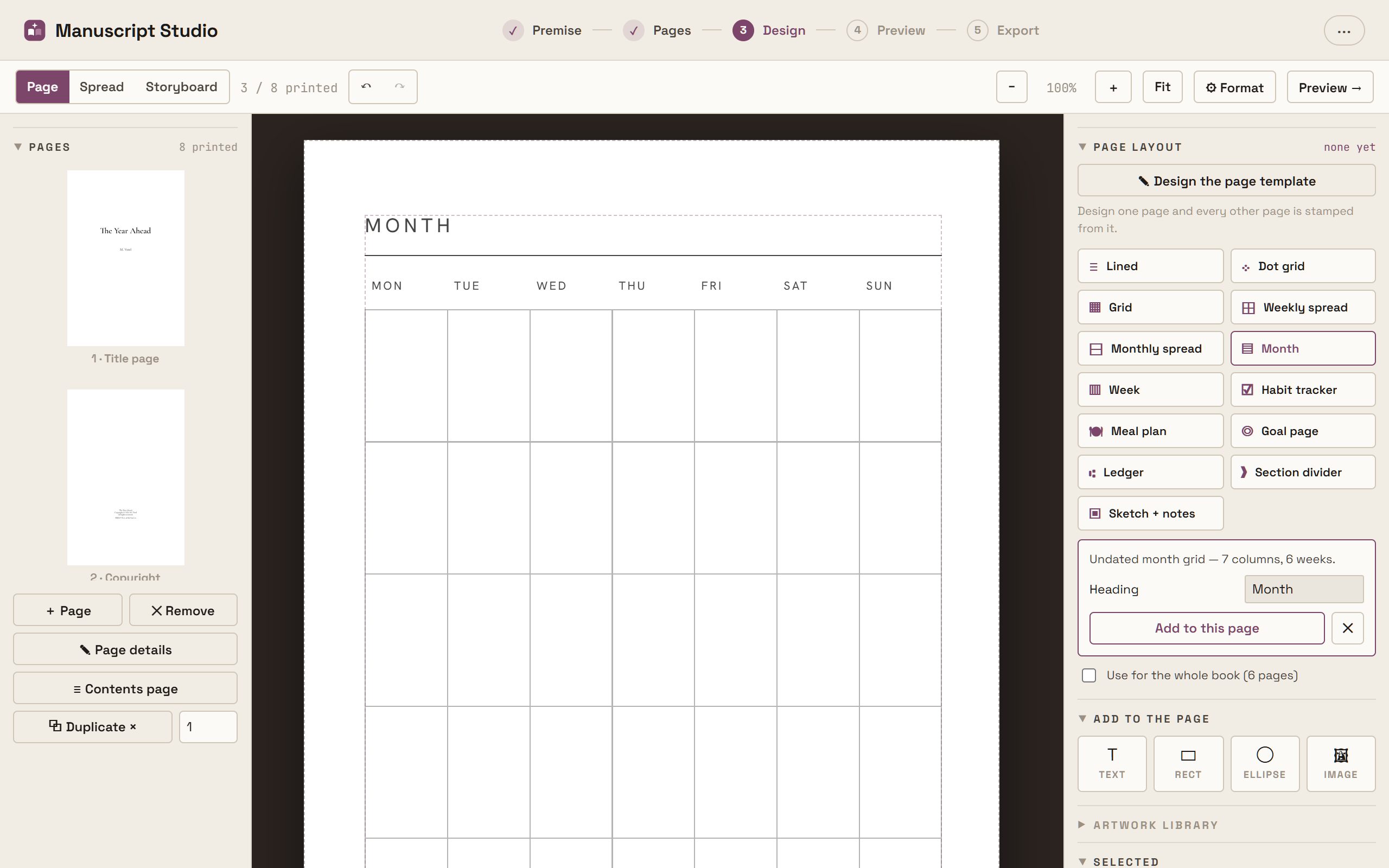 Manuscript Studio's page designer showing a generated undated month grid on the page canvas, a page layout panel listing Lined, Dot grid, Grid, Weekly spread, Monthly spread, Month, Week, Habit tracker, Meal plan, Goal page, Ledger and Section divider templates, and the page filmstrip.