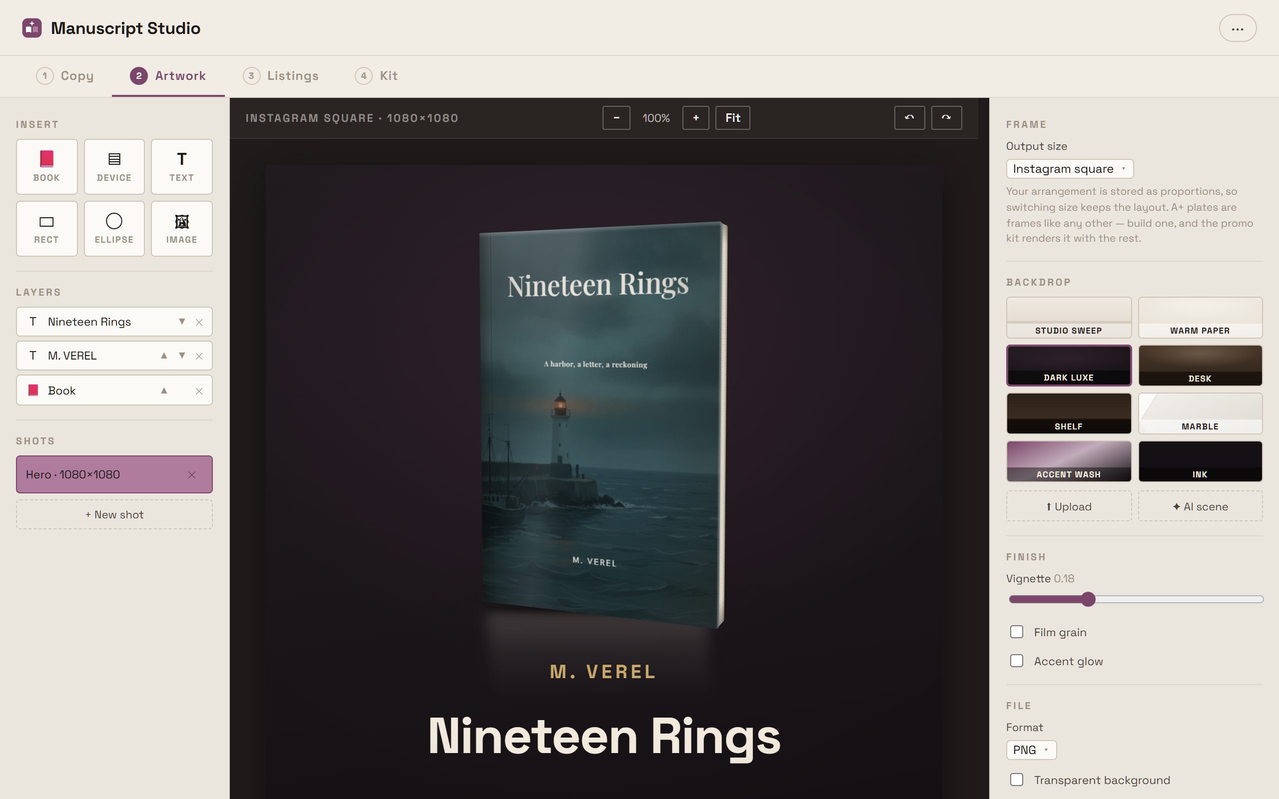 Manuscript Studio's Promotion Studio: numbered Copy, Artwork, Listings and Kit stages, a three-dimensional render of the book on a dark backdrop at Instagram square size, with insert tools, a layer list, shot list, backdrop presets and finish controls.
