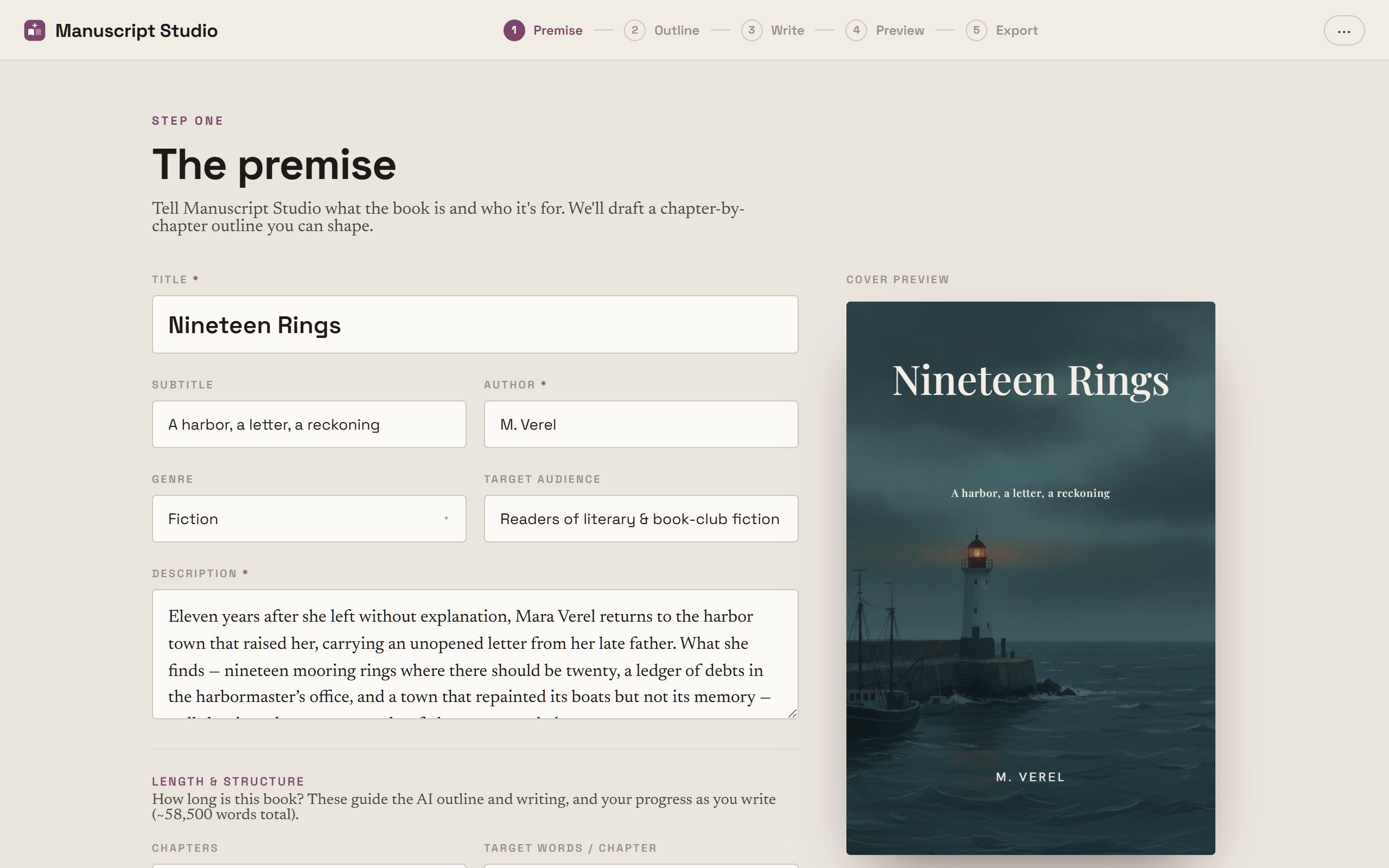 Manuscript Studio's Setup screen: title, subtitle, author, genre, audience and description fields, chapter and word-count targets, print format controls, and a live cover preview.