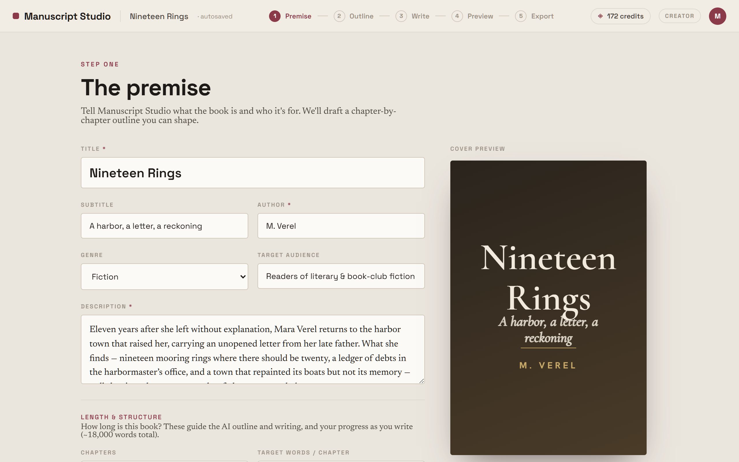 Manuscript Studio's Setup screen: title, subtitle, author, genre, audience and description fields, chapter and word-count targets, print format controls, and a live cover preview.